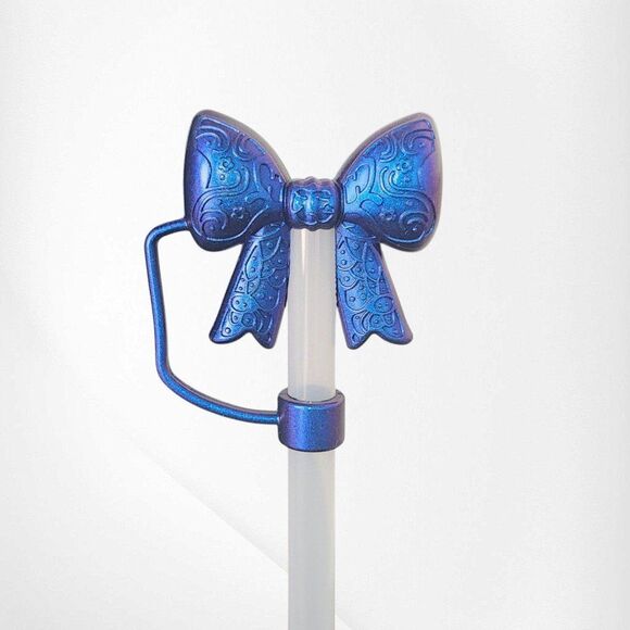 Metallic Blue Shimmer Lace 3D Silicone Ribbon Bow Straw Topper. Fits 10mm Straws - Picture 1 of 2